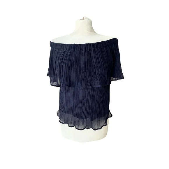 Express || Y2K Chiffon Tiered Off Shoulder Ruffle Blouse Navy Women’s Medium - Picture 2 of 4